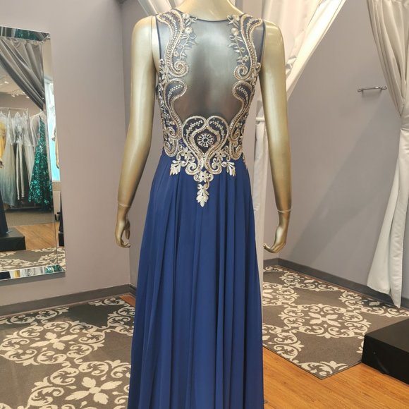 Size 6 navy/gold chiffon + embroidery formal/prom gown - Picture 2 of 5